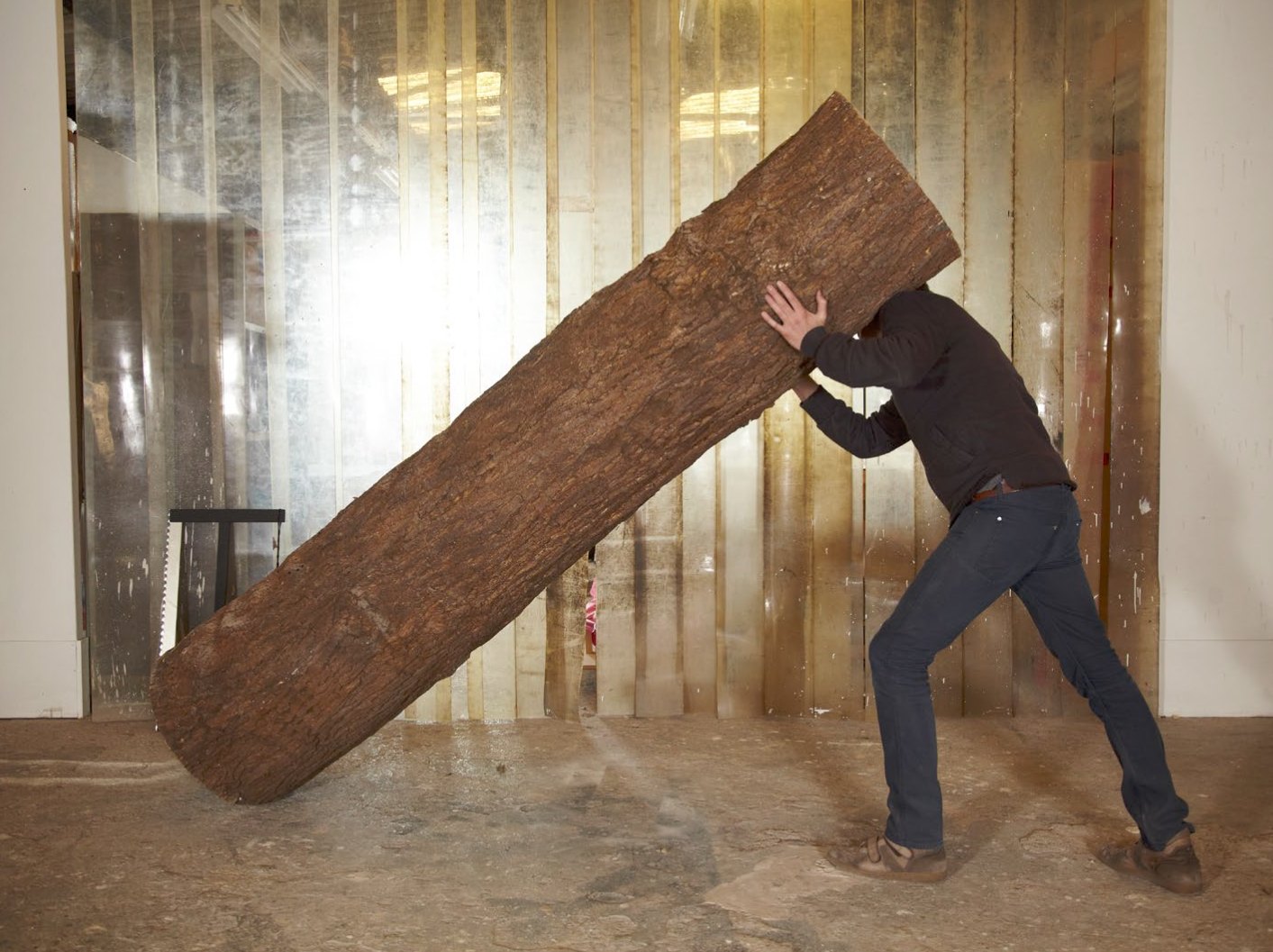 Jean-Christophe Vaillant pousse un lourd tronc d’arbre dans l’atelier, le visage caché par l’écorce