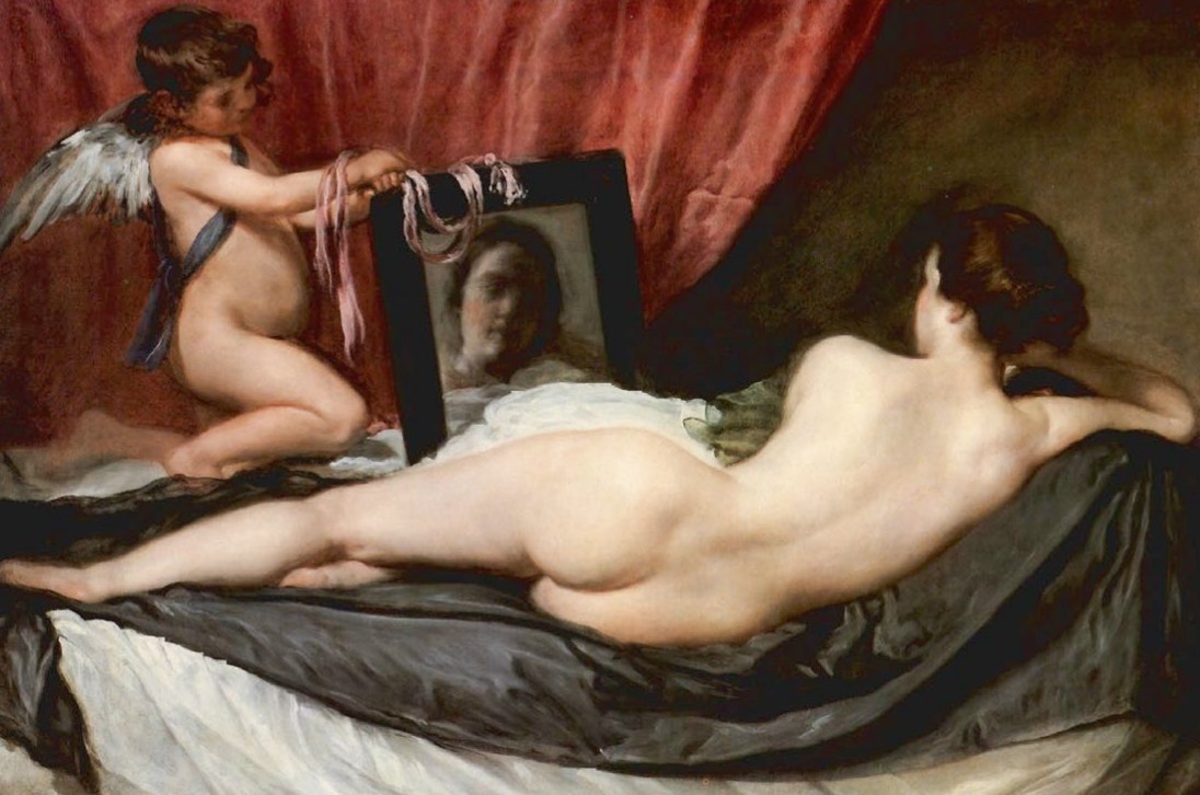 La Vénus au miroir de Velázquez : Vénus allongée de dos, Cupidon lui tend un miroir où apparaît son visage