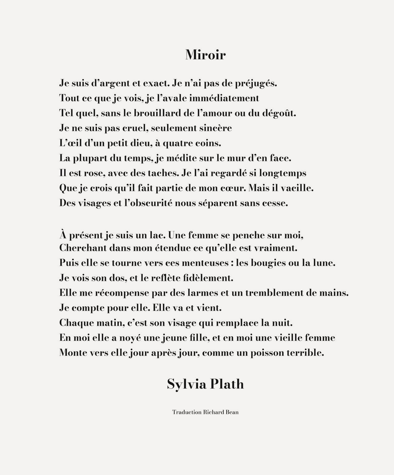 Le poème Miroir de Sylvia Plath composé en français dans un didone : titre, deux strophes, signature et mention de traduction